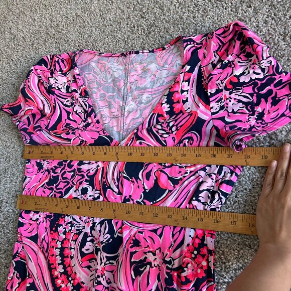 Lilly Pulitzer Womens Sz M Pink & Navy Floral V-Neck Short Sleeve Dress - Picture 9 of 10